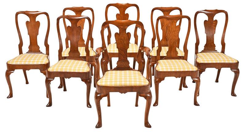 Eight Queen Anne Style Walnut Dining Chairs: British or Continental, 18th century and later, comprising two armchairs and six side chairs, each in figured walnut veneers with upholstered slip seats, cabriole legs, two side chairs are period, the