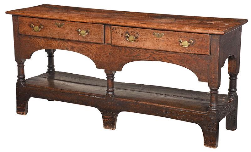 Welsh Oak Dresser: British, 18th/19th century, oak throughout, with two dovetailed drawers, 31 x 65-1/2 x 18-3/4 in., Provenance: Property from the Collection of the Late Parker B. Poe, Thomasville, Georgia, now the Pro