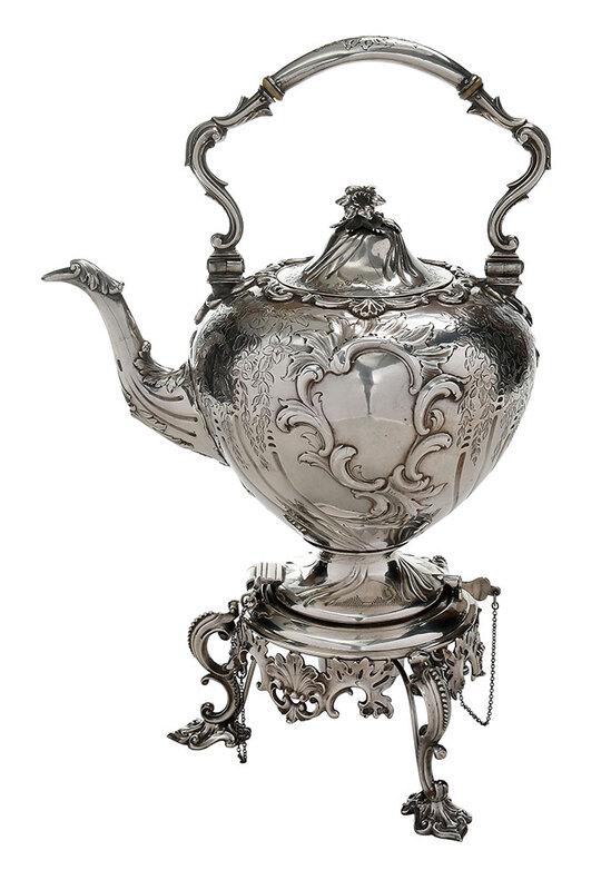English Silver Hot Water Urn: Edinburgh, Scotland, 1848, bulbous tapered body with overall floral decoration, ivory spacers, marks for David Crichton Rait, base similar with marks for London, 1865,ÿEdward & John Barnard,ÿburner 