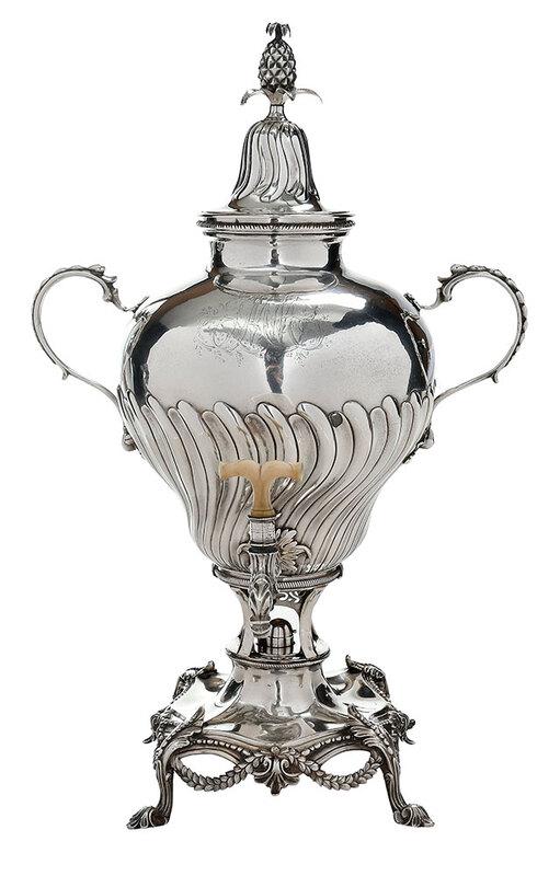 George III English Silver Hot Water Urn: London, 1759, gadroon form urn form body, pineapple finial, ivory spout finial, later monogram,ÿmaker "TJ" (unregistered maker), .925 fine, 75.30 oz. T. gross weight, 20 in.Note:ÿ?This lot contains 