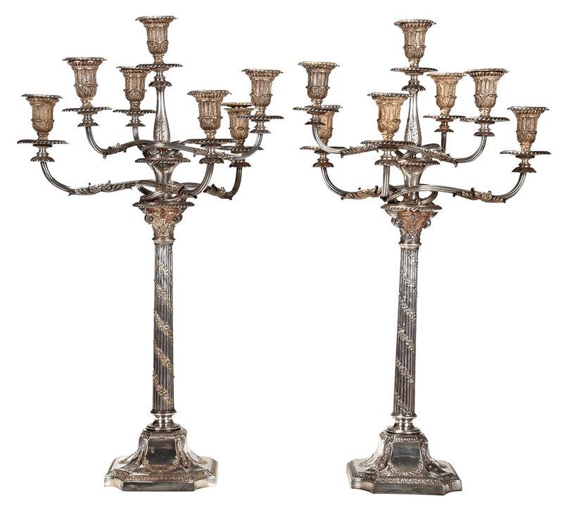 Pair of Silver Plate Candelabra: Birmingham, late 19th century, Corinthian column post, six arm, gadrooned, scroll, floral and leaf decoration, marks for Horace Woodward & Co.,ÿ27-1/2 x 16 x 16 in., Provenance: Estate of Aubrey Hanc