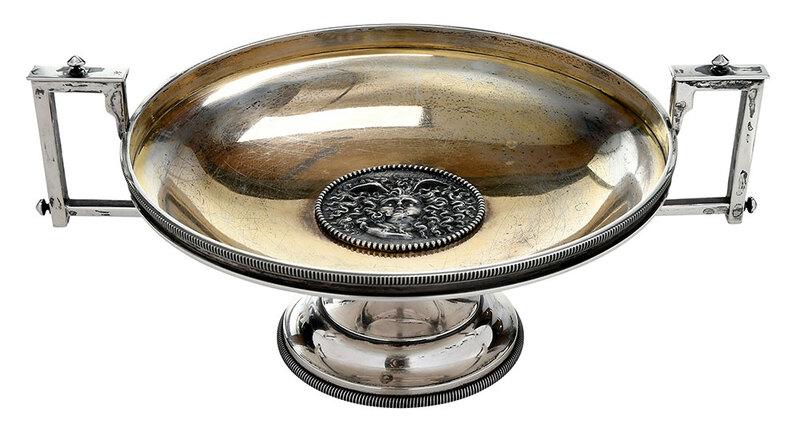 Sterling Tazza with Medusa Medallion: American, mid 19th century,ÿopen urn form, squared handle, central applied mask with bead border, monogram, marks forÿShreve, Stanwood & Co. (Boston, Massachusetts, working 1862-1869), 28.16 oz. T.,