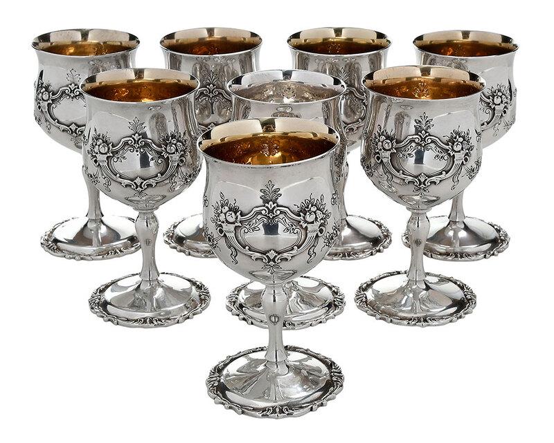 Set of Eight Francis I Sterling Goblets: American, 20th century,ÿseven with gilt interior,ÿall with marks for Reed & Barton, "570A", "Hand Chased",ÿ67.22 oz. T.,ÿ6-1/2 in., Provenance: Estate of Aubrey Hancock, Charleston, South Carolina