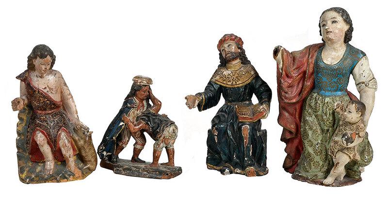 Four Carved and Polychromed Santos Figures: Spanish Colonial, 18th/early 19th century, seated youth with pig, fine gilt embellishments on tunic, possibly St. Anthony; kneeling woman with young child, both with glass eyes and gilt embellishments