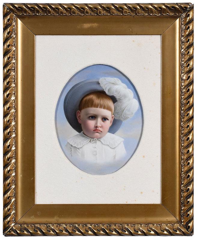 Berlin K.P.M. Porcelain Portrait Plaque: Young Boy with Hat, oval hand painted porcelain plaque, stamped verso "KPM" with scepter, 10 x 9 in.; carved gilt wood and composition frame, 18-3/4 x 23-1/4 in., Provenance: Private Florida Collectio