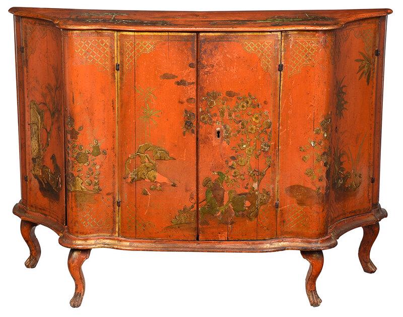 Venetian Baroque Chinoiserie Decorated Cabinet: Italian, 18th century, with gilt japanned surface on iron red ground, four hinged doors with shelved interiors, cabriole legs, original wrought iron hinges, 38-1/2 x 54 x 20-1/2 in., Provenance: Priva