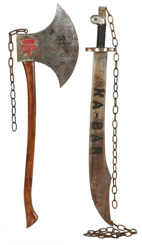 Ka-bar Knife and Keen Cutter Ax Trade Signs: American, 20th century, ax with painted tin blade labeled on each side "E.C. Simmon's Keen Kutter" and wooden handle, attached chain at top for hanging, 36 in.; large knife with iron blade and raised 