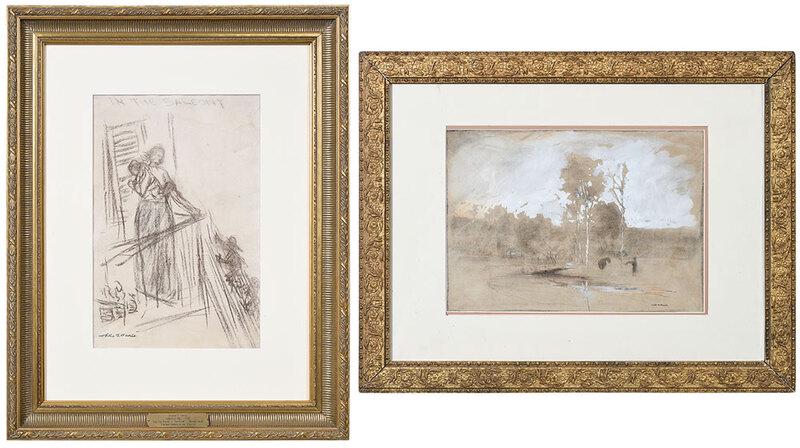 Arthur Bowen Davies: (American, 1862-1928)Two Sketches: Firemen Rescue on the Balcony, stamped lower left "Arthur B. Davies", conte crayon on buff paper, 17 x 11 in. (sight): carved gilt wood frame, 28-1/4 x 22-1/4 in.; L