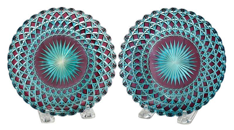 Pair American Brilliant Period Cut Glass Plates: pair of plates in ruby cut to turquoise, diamond and star pattern, each lightly inscribed "1333/29" to base, 6 in.ÿ, Provenance: Thomasville Center for the Arts, Thomasville, Georgia