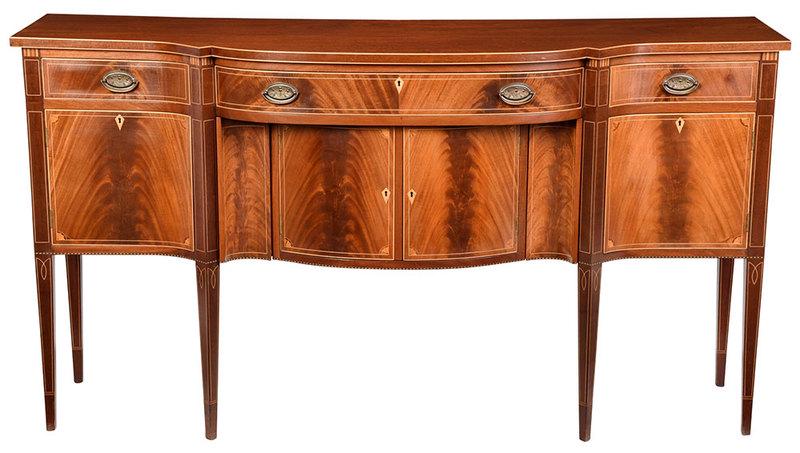 New York Federal Style Inlaid Mahogany Sideboard: 20th century, serpentine form, with quarter fan and line inlay, dovetailed drawers, two bottle drawers, and four cabinet doors, 39 x 72 x 24 in., Provenance: Estate of William A. Little, Charlottesvil