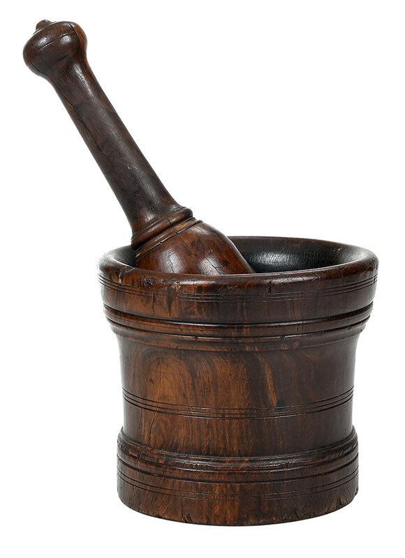 Dense Lignum Vitae Turned Wood Mortar and Pestle: American or British, possibly 18th century, turned cylindrical mortar with thick walls, 7-1/2 x 8-1/2 in.; turned pestle, 15 in.Note: Genealogy traces this family back to William and Susannah White, b