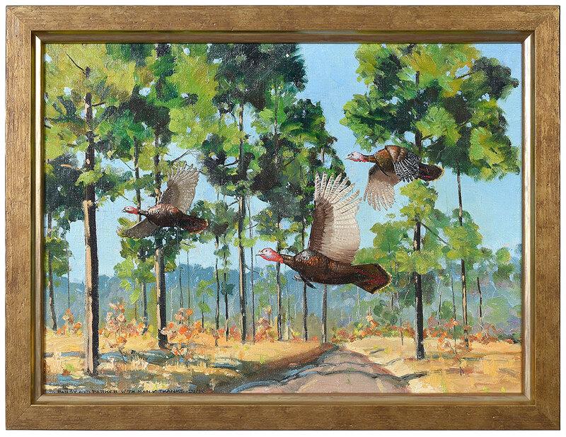 Richard Evett Bishop: (American, 1887-1975)Wild Turkeys, 1954, signed and inscribed lower left "to Pansy and Parker with many thanks. Dick", and signed and inscribed with copyright verso, oil on canvas board, 11-1/2 x 15-1
