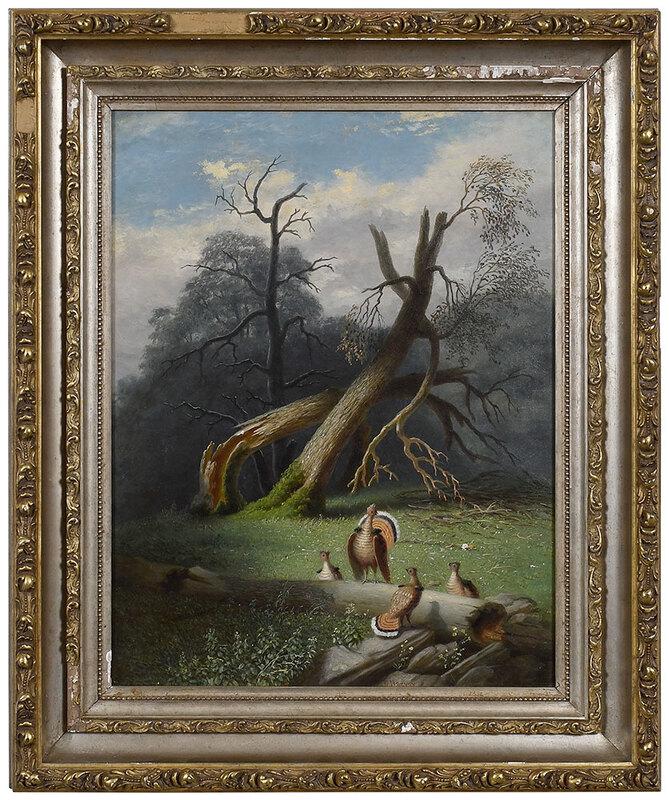 George Harvey: (English/America, 1799-1880)Ruffed Grouse and Young, signed "G.Harvey" lower right, oil on canvas, 22 x 17 in.; period carved giltwood and composition frame, 29-1/4 x 24 in., Provenance: Hascoe Family