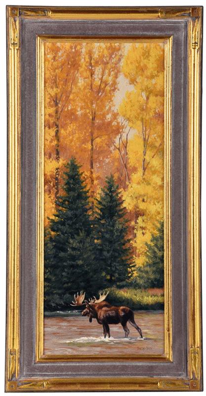 Lindsay B. Scott: (California/New Zealand, b. 1955)Moose, signed lower right, oil on linen, 33 x 13 in.; fine contemporary gilt and painted wood frame, 40-1/4 x 20-1/4 in.ÿ, Provenance: Thomasville Center for the Arts