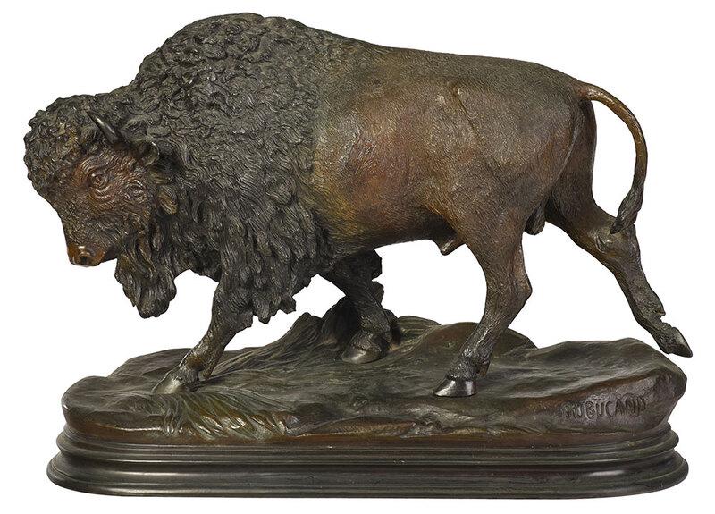 Alfred Dubucand: (French, 1828-1894)Buffalo (Le Buffle), signed in base "Dubucand", 19th century casting, probably atelier, patinated bronze, 12 x 16 x 6-1/2 in., Provenance: Private North Carolina Collection