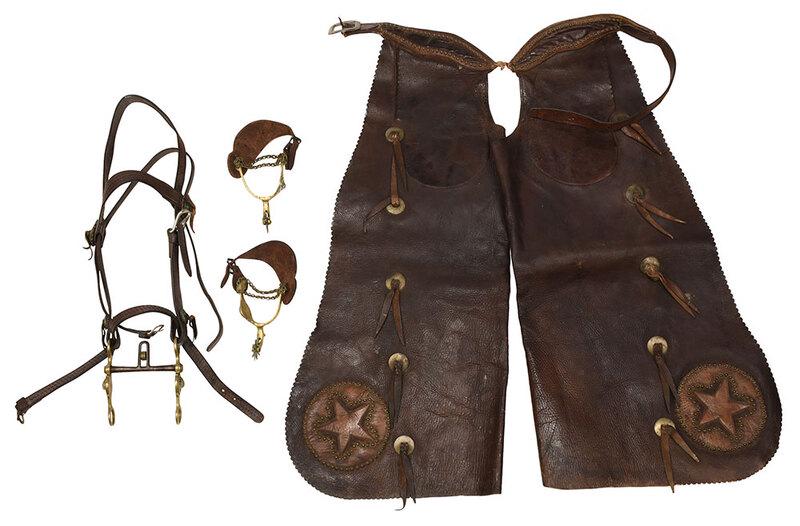 Group of Leather and Bronze Riding Accessories: American, late 19th/early 20th century, tooled leather bridle, maker's mark "Harpham Brothers Co./Makers/H.B./Brand/Lincoln, Nebr", curbÃ¿and roller bit, shank stamped "Hercules Bronze", star and Na