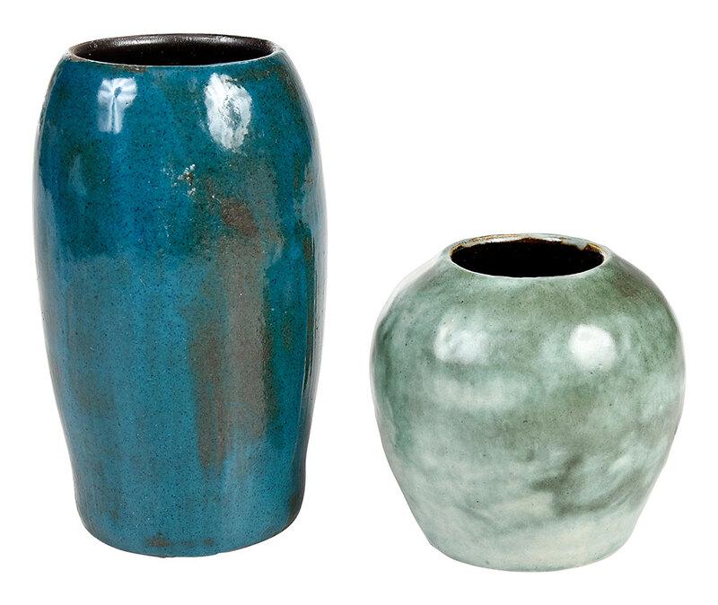 Two Pieces of Bachelder Pottery: (Oscar Louis Bachelder, b. 1852 Menasha, Wisconsin, d. 1935 Luther, North Carolina)ÿ runny turquois glazed vase, 6-3/8 in., runny green glazed low vase, 4 in., brown glazed interiors, "OLB" monograms