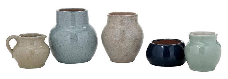 Five Pieces of Pisgah Forest Pottery: (Arden, North Carolina, 1926-1961) two speckle glazed vases, one robins egg blue with brown interior, 6 in., the other tan with pink interior, 5-3/4 in., potter at wheel marks, tan vase dated "1932";