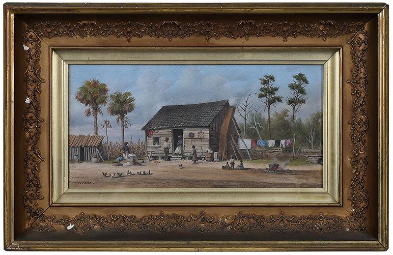 William Aiken Walker: (South Carolina, 1838-1921)Cabin Scene, signed lower left, "WAWalker", oil on board, 6-1/4 x 12-1/4 in.; gold painted wood frame, 11-1/4 x 17-1/2 in., Provenance: Private Collection, Florida