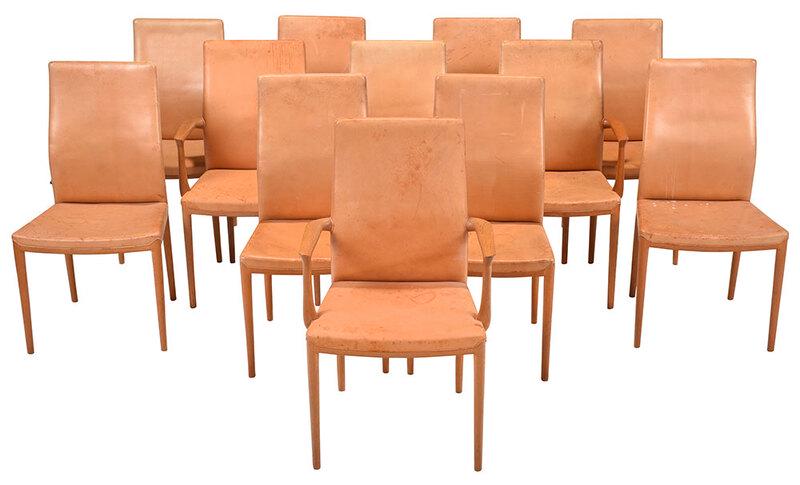 Set of 13 Soren Holm Danish Modern Chairs: each with branded mark "made in Denmark by cabinet maker Soren Holm", oak frames set with tan leather upholstery, four armchairs and nine side chairs, 37-1/2 x 22-1/2 x 18 in. (armchair overall), 17-1