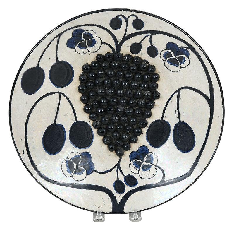 Birger Kaipiainen: (Finnish, 1915-1988)large ceramic plate, raised grape/berry bunch and painted pansy decoration, signed "Kaipiainen" verso, 12-3/4 in., Provenance: Property from the Collection of the Late Parker B. Po