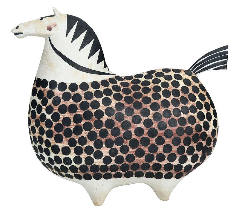 Stig Lindberg: (Swedish, 1916-1982)ceramic spotted horse figure, signed "Stig L." and marked on underside, label for "Gustavberg/Sweden" taped to underside, 10 x 11-1/4 in., Provenance: Property from the Collection