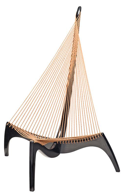 Jorgen Hovelskov Harp Chair: probably Christensen & Larson, Denmark, circa 1960's, unsigned ebonized ash frame with woven fiber seat, 52 in. high, Provenance: Property from the Collection of the Late Parker B. Poe, Thomasville, G