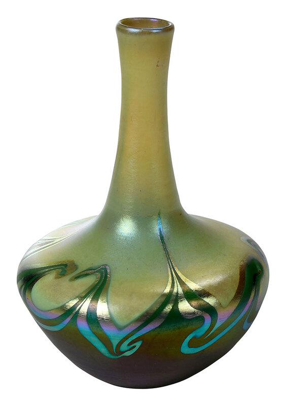 Miniature Tiffany Green Favrile Art Glass Vase: American, early 20th century, bottle form vase with sharp shoulder and narrow neck, light and dark green hooked feather design, inscribed "L.C.T" and "4662" on base, 5-3/8 in., Provenance: William M. 