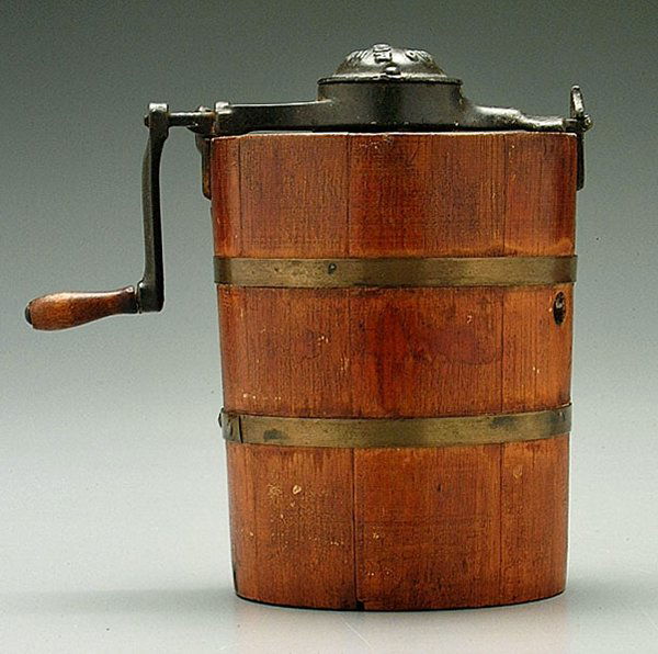 White Mountain Junior ice cream maker,: tapered cedar bucket with brass bands, in working order, 7-1/2 x 5-1/2 x 5-1/2" (excluding wooden handle)