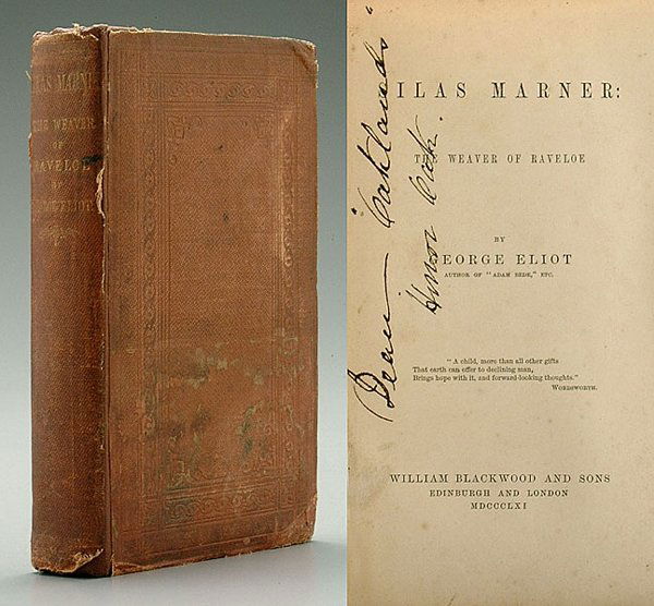"Silas Marner" first edition,: George Eliot, Edinburgh: William Blackwood and Sons, 1861, first edition, small octavo, 364 pages plus ads, publisher's original blind-stamped brown cloth rebacked and strengthened at corners, a good,