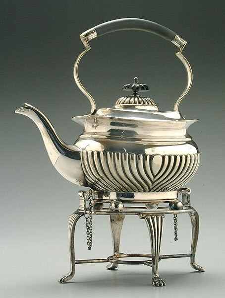 Silver-plated water kettle on stand,