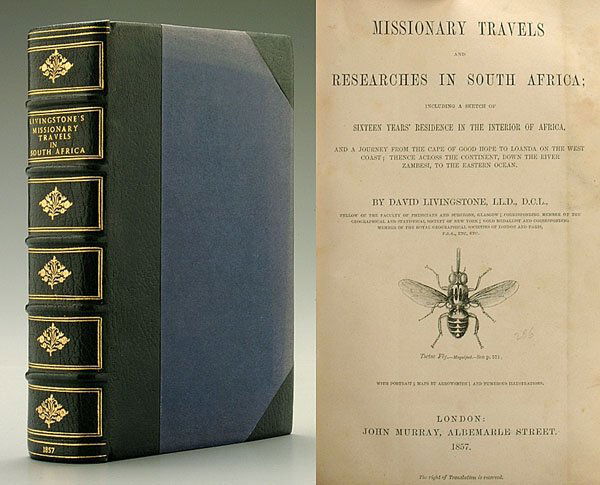 David Livingstone first edition,: "Missionary Travels and Researches in South Africa," London: John Murray, 1857, first edition, octavo, 687 pages plus publisher's November 1857 ads, complete with folding color lithographic frontispie