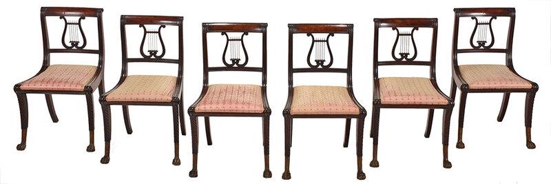 Very Fine Rare Set of Six Lyre Back Klismos Chairs: attributed to Duncan Phyfe, New York, circa 1815, each with scrolled back with figured mahogany tablet crest over a very finely carved lyre form splat, upholstered slip seats, ash secondary, on leaf c