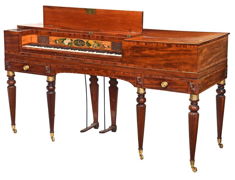 Fine Federal Brass Mounted Mahogany Pianoforte: the works by John Geib & Son, New York, case attributed to the workshop of Duncan Phyfe, New York, circa 1805, case with hinged front opening to a keyboard, with blind fretwork and tiger maple panels,