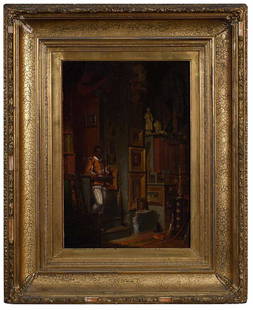 John Ferguson Weir: (American, 1841-1926)The Studio, 1864, signed and dated lower right "J.F. Weir 1864", oil on paper, 20 x 14 in.;ÿperiod carved gilt wood and composition frame, 32 x 25-3/4 in.Note: Remnants of label