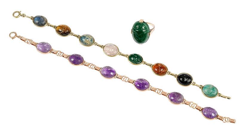 Three Pieces 14kt. Scarab Jewelry: ring, one carved green hardstone scarab, stamped "14K", yellow gold, size 5-1/4, 6.0 grams; two bracelets, carved gemstone scarabs including: labradorite, amethyst, sodalite, pink quartz, black onyx,