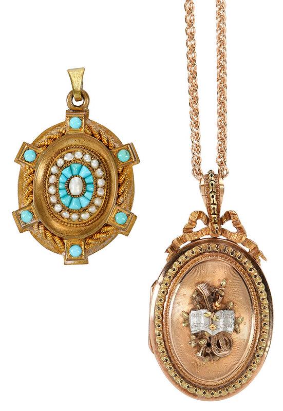 Antique 18kt. Locket and Antique Brooch: locket with bow/ribbon at top and musical motif, stamped with French eagle head hallmark and maker's mark, 18kt. rose and yellow gold, locketÿ2-1/8 x 1-1/8 in., on modern chain stamped "18kt., Italy"