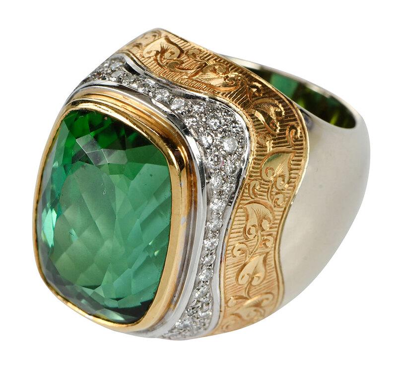Stephen Webster 18kt. Gemstone Ring: one rectangle cushion cut green tourmaline approx. 17.5 x 13mm, 60 round brilliant diamonds estimated total weight 0.55ct., stamped "Webster, SW, 750, 2000" and with English hallmarks, 18kt. yellow, w