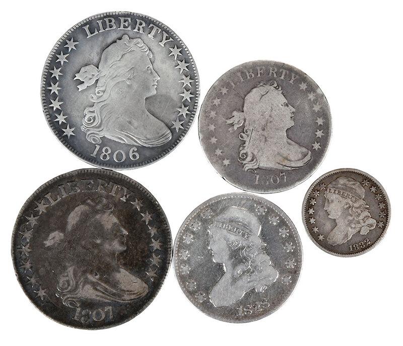 Five Examples of Bust Coinage: 1832 Capped Bust Dime; 1807 Draped Bust Quarter; 1828 Capped Bust Quarter; 1806 Draped Bust Half Dollar; 1807 Draped Bust Half Dollar - Provenance: Dr. Harry Glenn Buchanan Collection
