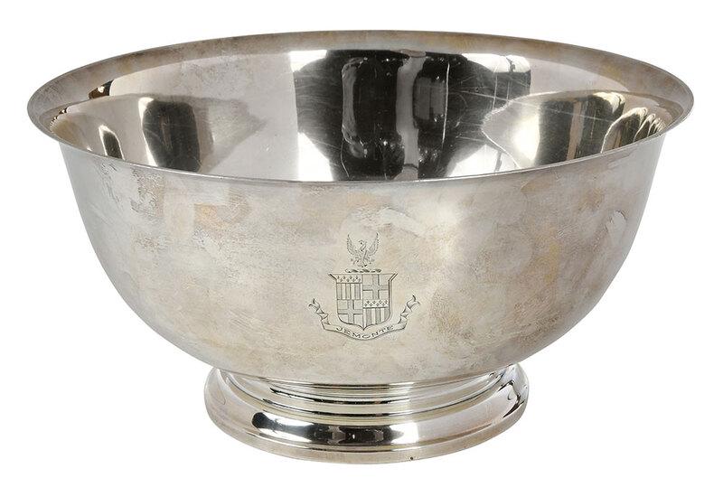 Jemonte/Nones Family Sterling Paul Revere Bowl: American, 1931, pedestal base with flared rim,ÿJemonte/Nones heraldic device with shield and eagle, marks for Gorham, "A41661", 35.12 oz. T., 5 x 10-1/4 in.ÿ - Provenance: By Descent in the Walcott 