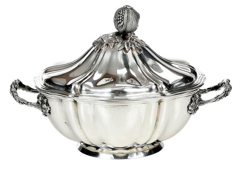 Alphonse Debain French Silver Entree: Paris, early 20th century, round with pomegranate finial, foliate and acorn wrapped handle,ÿmarks for Alphonse Debain, import mark for .950 fine,ÿ38.85 oz. T., 6-1/2 x 10-1/2 x 8-1/2 in.; withÿremo
