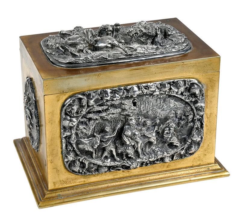 Bronze Jewelry Casket with Silver Relief Panels: probably Continental, late 19th/20th century, hinged box with silver plated high relief decorative panels on top and sides, top panel with hunt scene and sides with bacchanalian views, velvet lined in