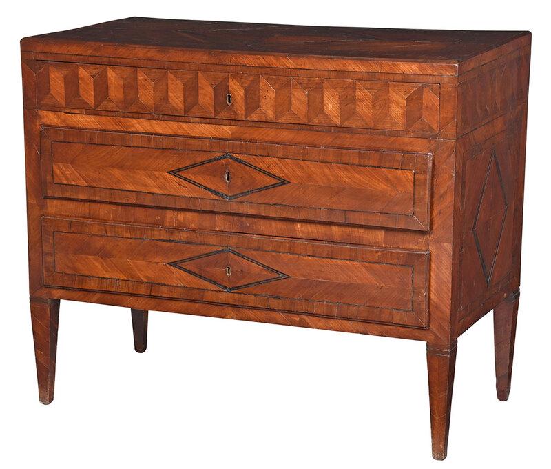Italian Neoclassical Inlaid Fruitwood Commode: bookmatched inlaid top over three long drawers, inlaid case sides and paneled back, on tapered legs, 37-1/2 x 45 x 22 in. - Provenance: Private Collection, Charlotte, North Carolina