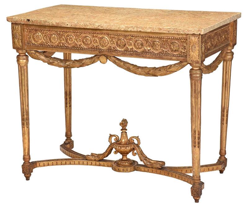 Italian Louis XVI Carved Marble Top Console Table: Continental, late 18th century, with probably original variegated marble top, over a relief decorated frieze with carved rosettes, above applied leaf carved swags, fluted legs with stretcher base, 34-