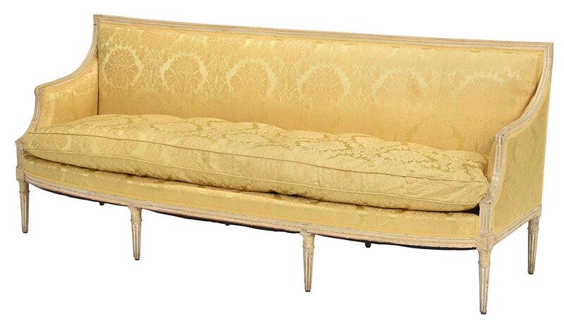 Louis XVI Painted Silk Damask Upholstered Sofa: French, 19th century or possibly period, with carved and cream painted beechwood frame, set on fluted tapered legs, upholstered in fine yellow silk damask upholstery with loose seat cushion, 34-1/2 x