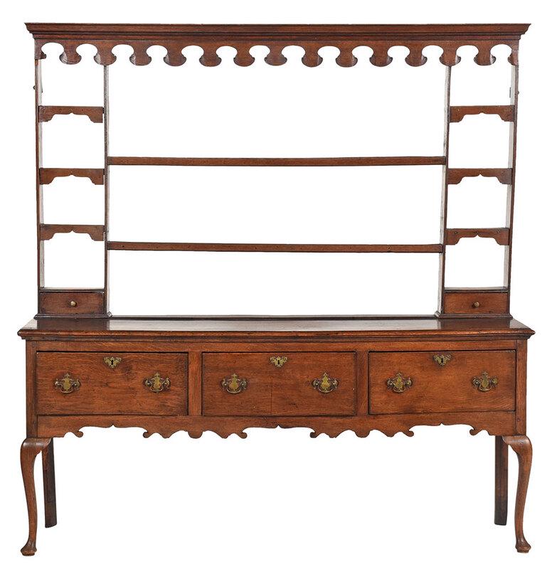 Queen Anne Welsh Oak Dresser and Rack: British, 18th/19th century, rack with scalloped cornice and Gothic arched shelf supports, lower case with three dovetailed drawers, scalloped skirt and cabriole legs, 80-1/2 x 70-1/2 x 19 in. - Proven