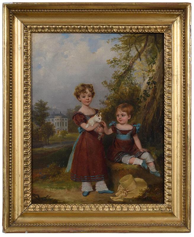 British School Portrait: (19th century)Two Young Girls with a Cat, unsigned, oil on panel, 12-5/8 x 10 in.; gilt wood and composition frame, 16 x 13-1/4 in. - Provenance: