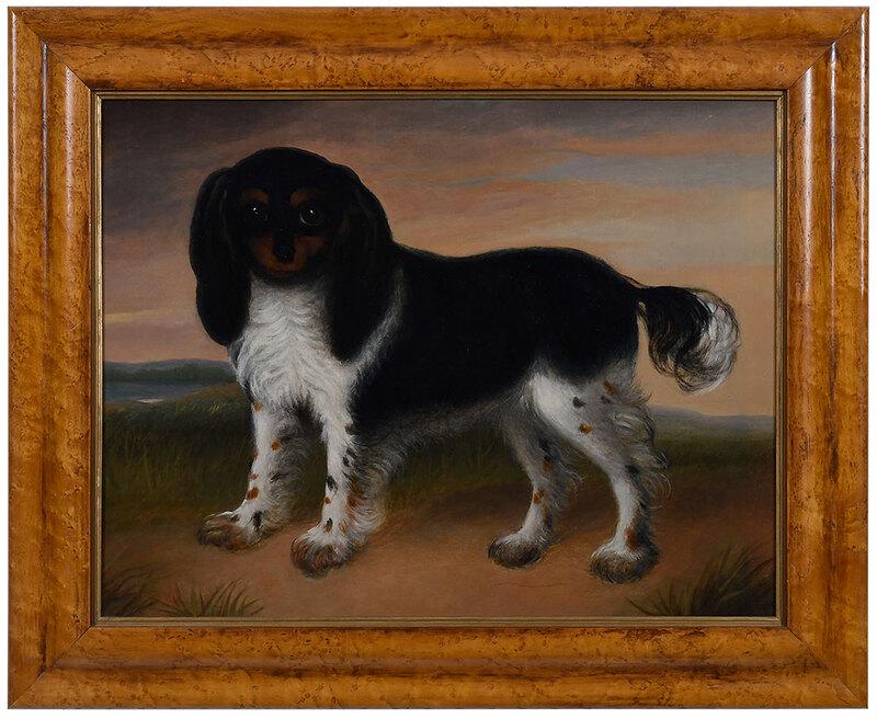 British School Dog Painting: (19th century)Cavalier King Charles Spaniel in a Landscape, unsigned, oil on canvas, 16-7/8 x 21-1/2 in.; burl wood veneer ogee molding frame, 22 x 26-7/8 in. - Provenance: