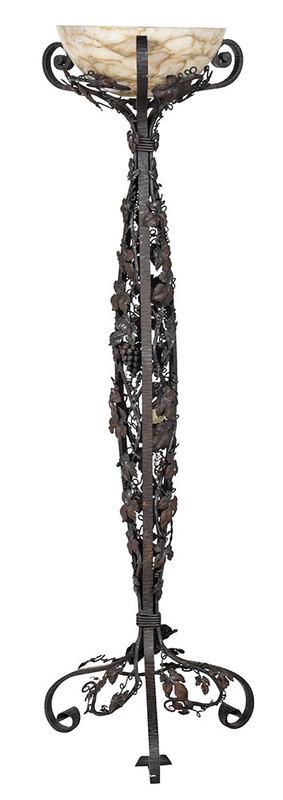 Fine Wrought Iron Art Nouveau Floor Lamp: probably French, possibly Edgar Brandt early to mid 20th century, three wrought iron vertical supports with twining grapevine decoration, four socket fixture with alabaster shade, unsigned, lamp, 68-1
