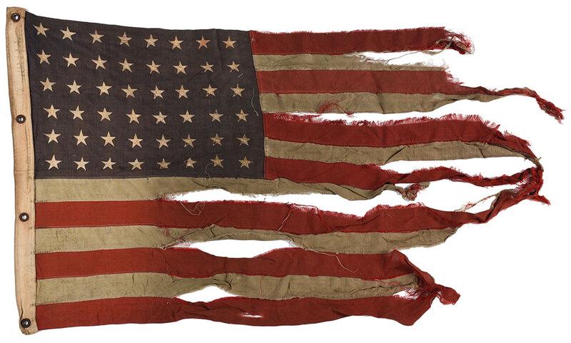 World War II U.S. Flag, Battle of Okinawa: 48 sewn stars, on wool bunting, hoist stenciled "No. 11", flown at Hagushi Bay, Okinawa, approximately 32 x 52 in. at present, with photographs and information on the crew of U.S.S. LCT 792 and family
